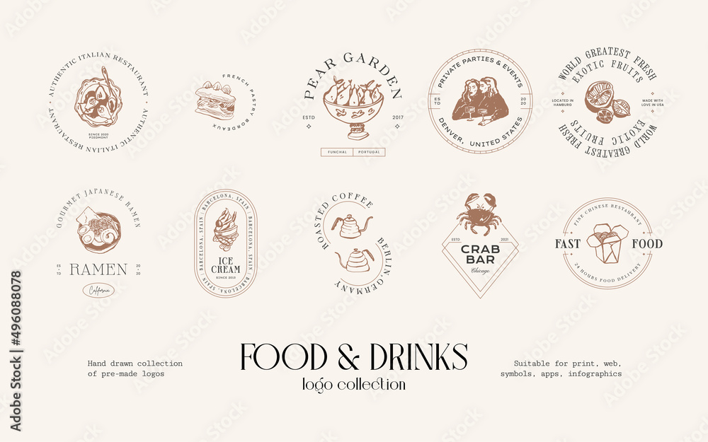 Food and drinks hand drawn logo design collection for brand identity or packaging