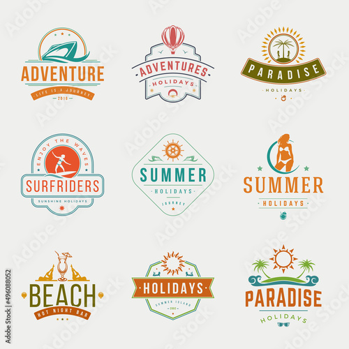Summer holidays labels or badges retro typography vector design templates set. Silhouettes and icons for posters  greeting cards and advertising.