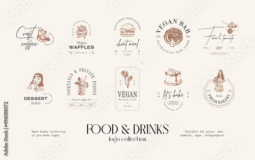 Food and drinks hand drawn logo design collection for brand identity or packaging