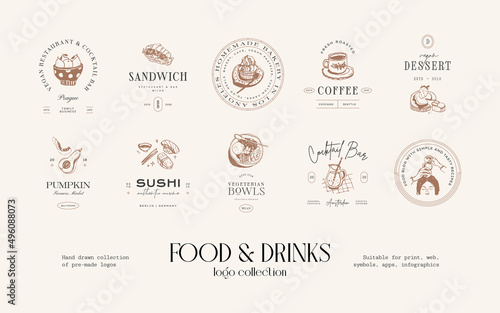 Food and drinks hand drawn logo design collection for brand identity or packaging
