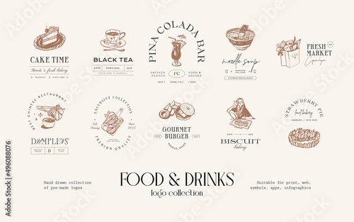 Food and drinks hand drawn logo design collection for brand identity or packaging