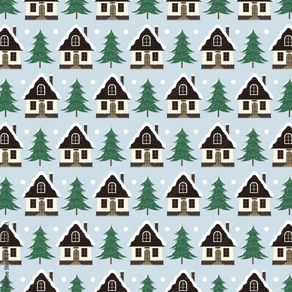 christmas seamless pattern with houses and trees