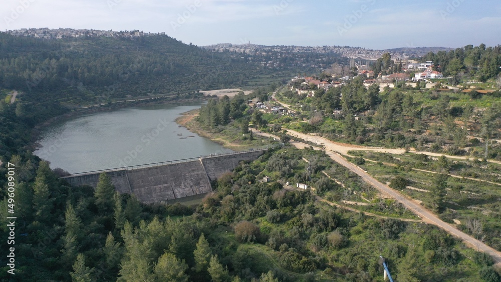 Jerusalem Dam in the spring aerial view
Drone view over Beit zait barrage , April 2022  
