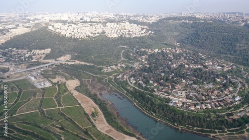 Jerusalem Dam in the spring aerial view Drone view over Beit zait barrage , April 2022 
