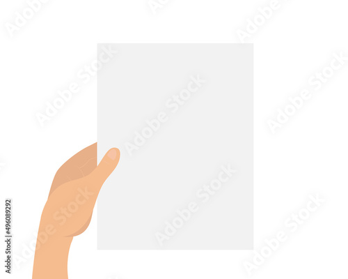 Hand holding a blank sheet of paper, mockup empty template. Place for your inscription. Vector flat illustration