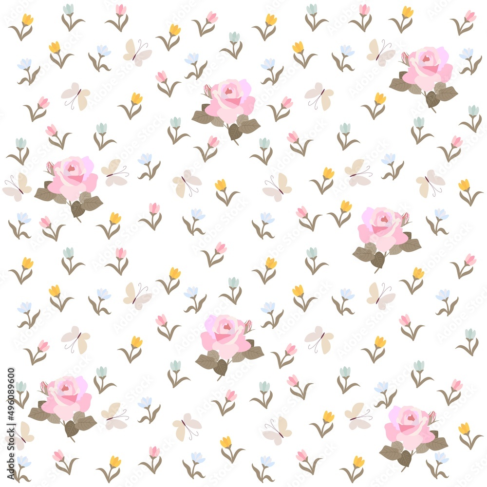 Delicate seamless ditsy print for fabric with pink roses, tiny multi-colored tulips, butterflies with mother-of-pearl wings isolated on white background. Vector illustration.