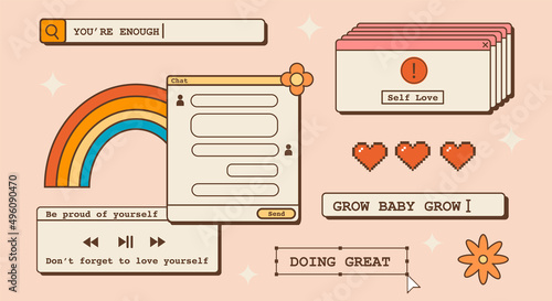 Self affirmation nostalgic poster with 90s old computer user interface elements. Self love abstract background with vintage aesthetic dialog windows. Groovy quotes and phrases. Vaporwave style. Vector