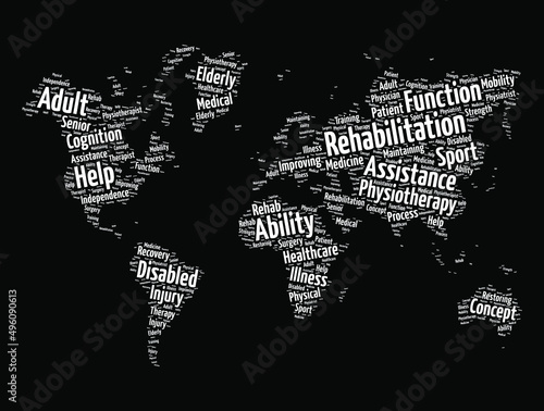 Rehabilitation - care that can help you get back, keep, or improve abilities that you need for daily life, word cloud in shape of world map