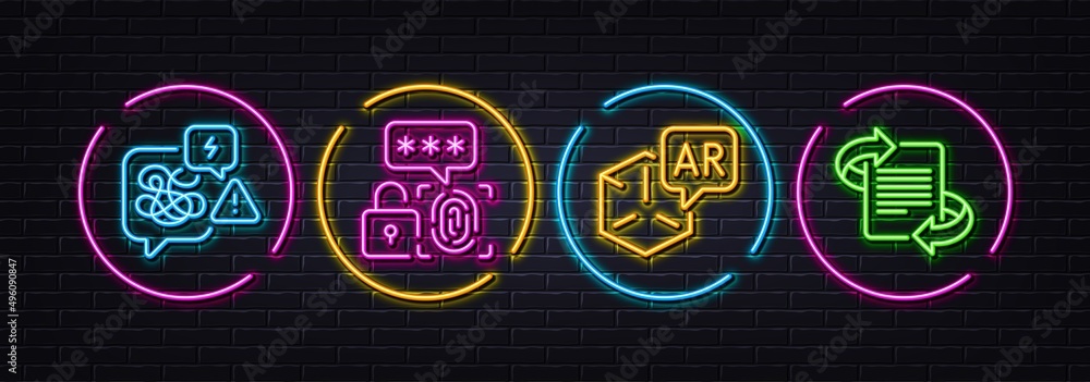 Stress, Augmented reality and Biometric security minimal line icons. Neon laser 3d lights. Marketing icons. For web, application, printing. Messy anxiety, Virtual reality, Fingerprint secure. Vector