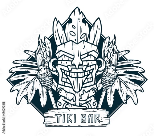 Surfing tiki mask hawaii wooden tiki mask for trendy bar. Traditional ethnic idol and hawaiian surf, maori or polynesian. Design old tribal totem