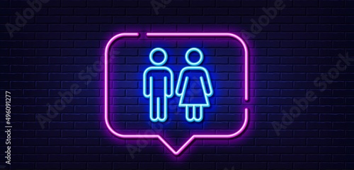 Neon light speech bubble. Restroom line icon. WC toilet sign. Public lavatory symbol. Neon light background. Restroom glow line. Brick wall banner. Vector