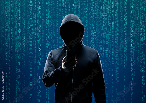 Wanted Hacker is Coding Virus Ransomware Using Abstract Binary Code. Cyberattack, System Breaking and Malware Concept.