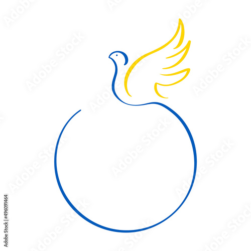 Calligraphy linear dove logo and round frame for text in colors of Ukrainian flag. Stop the war in Ukraine. A symbol of peace. Vector illustration isolated on white background