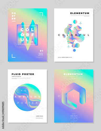 Modern abstract poster cover design template. Trendy fluid holographic effect shapes composition for flyers, banners, brochures and reports.