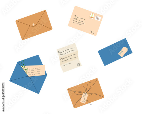 Set of envelopes with mails, postmarks and postcards vector illustration. Various craft paper letters, handmade cards isolated on white background. Envelopes set.