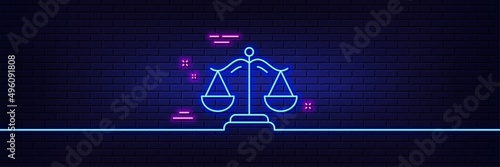 Neon light glow effect. Justice scales line icon. Judgement scale sign. Legal law symbol. 3d line neon glow icon. Brick wall banner. Justice scales outline. Vector