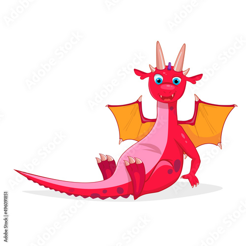 Funny cartoon little red sitting dragon. Vector illustration. Isolated on white background.