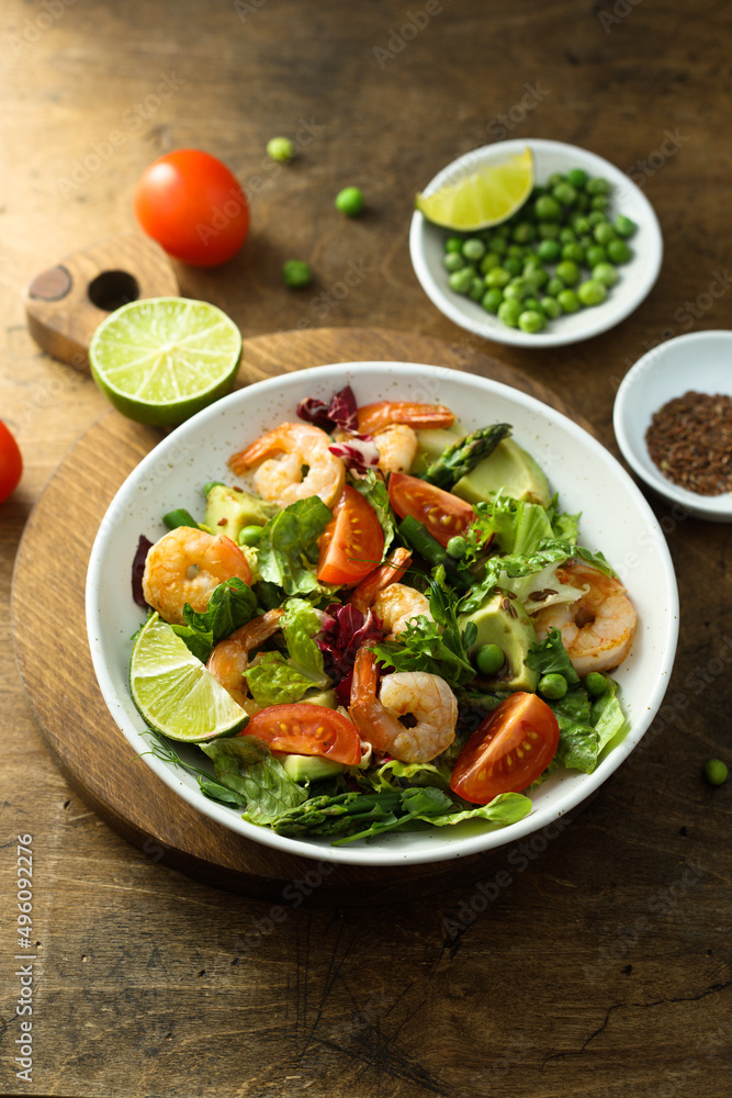 Healthy green salad with shrimps and avocado Healthy green salad with shrimps and avocado