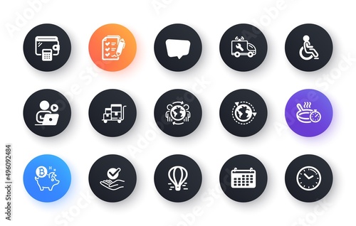 Minimal set of Wallet, Outsourcing and Calendar flat icons for web development. Disability, Survey checklist, Inventory cart icons. Frying pan, Approved, Car service web elements. Vector