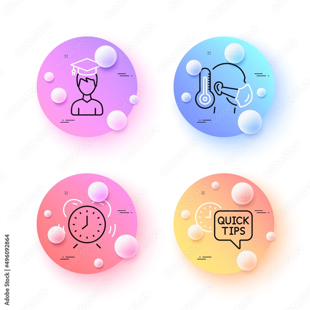 Quick tips, Time management and Sick man minimal line icons. 3d spheres or balls buttons. Student icons. For web, application, printing. Helpful tricks, Alarm clock, Epidemic protection. Vector Quick tips, Time management and Sick man minimal line icons. 3d spheres or balls buttons. Student icons. For web, application, printing. Helpful tricks, Alarm clock, Epidemic protection. Vector