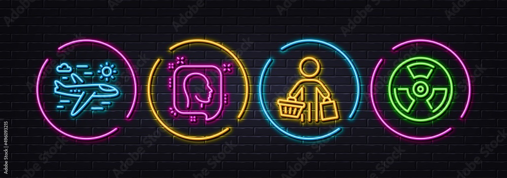 Buyer, Head and Airplane travel minimal line icons. Neon laser 3d lights. Chemical hazard icons. For web, application, printing. Shopping customer, Profile messages, Trip flight. Toxic. Vector