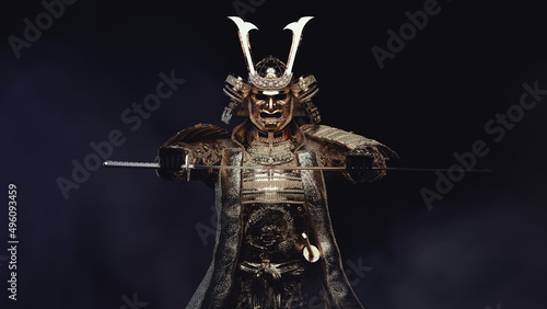 Photos A samurai figure wearing gold armor and drawing a sword in the fog
