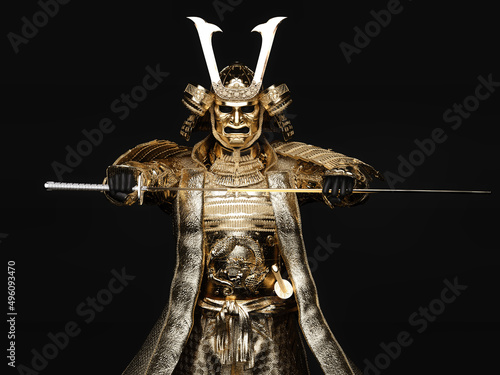 A samurai figure wearing gold armor and drawing a sword on dark background. 3D illustration.