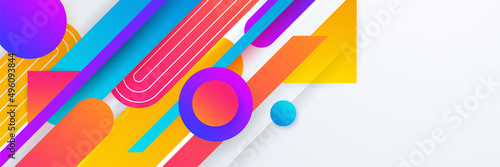 Modern colorful abstract geometric banner background. Tech banner design with square, triangle, circle, and geometric shapes. Vector abstract graphic design banner pattern background template.