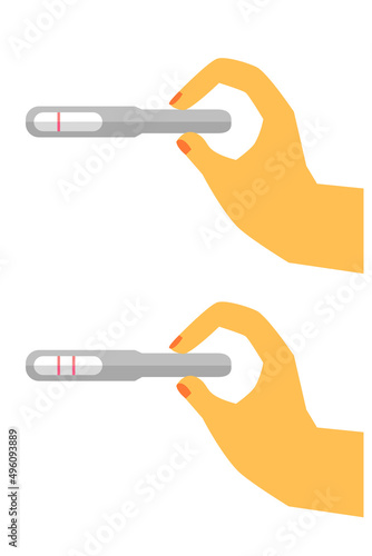 Simple Vector Set to Flat Color Hand Holding Pregnancy Test Pack negative and positive result