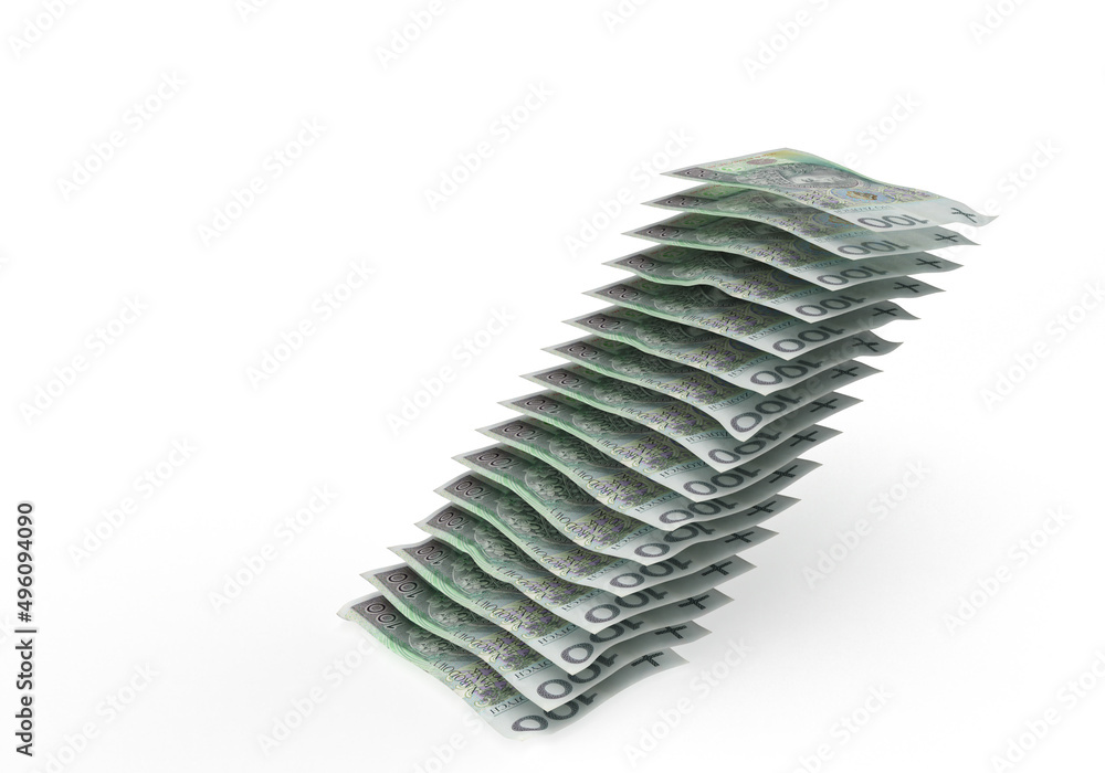stairs pyramid polish 100 zloty banknotes isolated on white background. stairs pyramid polish 100 zloty banknotes isolated on white background.