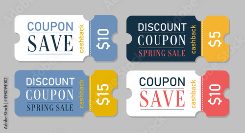 Special offer gift coupon template to save money. Monetary voucher with 5, 10 dollar discount for shopping vector illustration isolated on white background