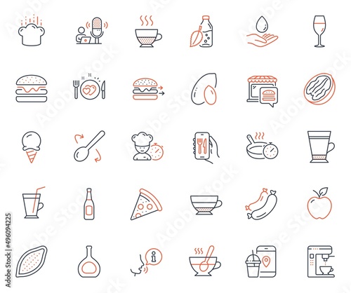 Food and drink icons set. Included icon as Ice cream, Pizza and Pecan nut web elements. Food delivery, Latte, Water bottle icons. Cooking spoon, Wineglass, Cognac bottle web signs. Vector