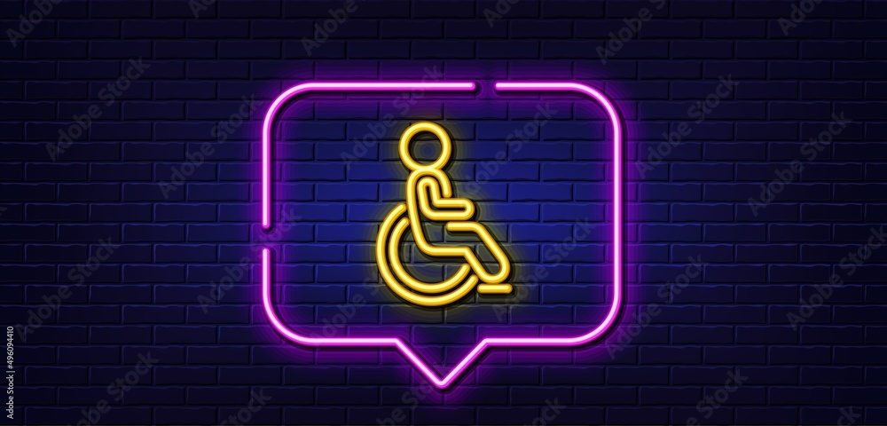 Neon light speech bubble. Disability person line icon. Wheelchair user sign. Person transportation symbol. Neon light background. Disability glow line. Brick wall banner. Vector Neon light speech bubble. Disability person line icon. Wheelchair user sign. Person transportation symbol. Neon light background. Disability glow line. Brick wall banner. Vector