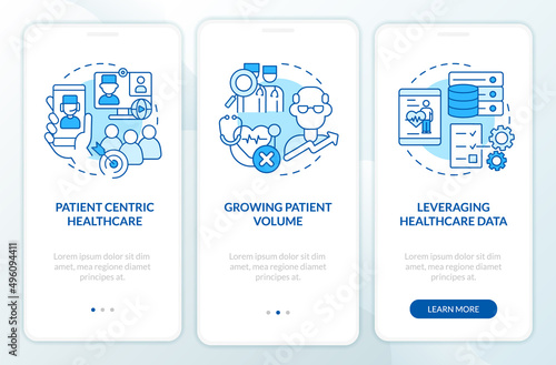 Challenges for healthcare workers blue onboarding mobile app screen. Walkthrough 3 steps graphic instructions pages with linear concepts. UI, UX, GUI template. Myriad Pro-Bold, Regular fonts used