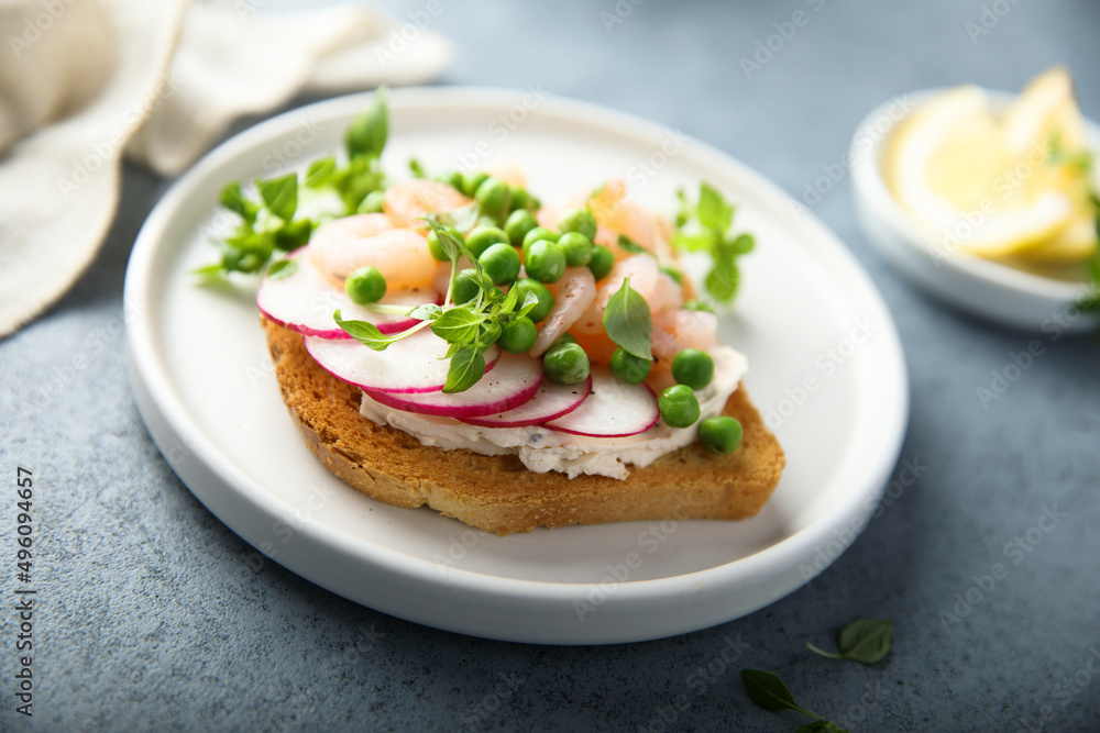 Shrimp toast with cream cheese, radish and green pea Shrimp toast with cream cheese, radish and green pea