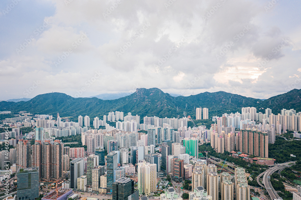 Fototapeta premium epic aerial view of cityscape in Kowloon district, Hong Kong, daytime