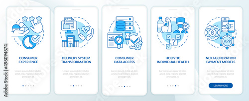 Healthcare system issues blue onboarding mobile app screen. Walkthrough 5 steps graphic instructions pages with linear concepts. UI, UX, GUI template. Myriad Pro-Bold, Regular fonts used