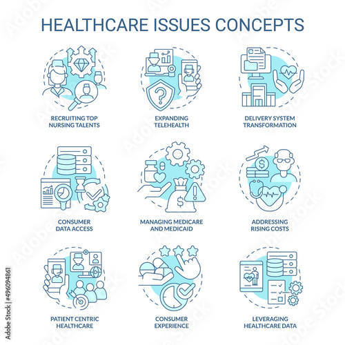 Healthcare issues turquoise concept icons set. Expanding telehealth idea thin line color illustrations. Managing medicaid. Isolated symbols. Editable stroke. Roboto-Medium, Myriad Pro-Bold fonts used