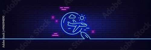 Neon light glow effect. Airplane travel line icon. Search trip flight sign. Holidays symbol. 3d line neon glow icon. Brick wall banner. Search flight outline. Vector