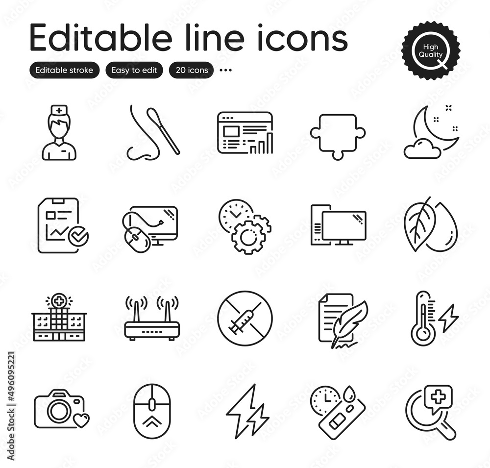 Fototapeta premium Set of Science outline icons. Contains icons as Photo camera, Time management and No vaccine elements. Swipe up, Electricity power, Computer web signs. Puzzle, Web report, Covid test elements. Vector