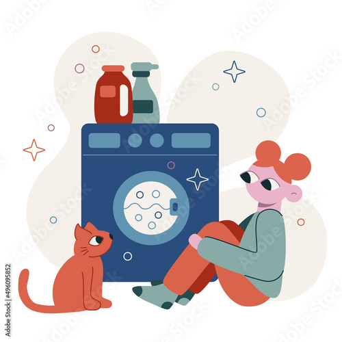 Vector flat cartoon illustration. Housework. Girl is washing clothes in the washing machine.