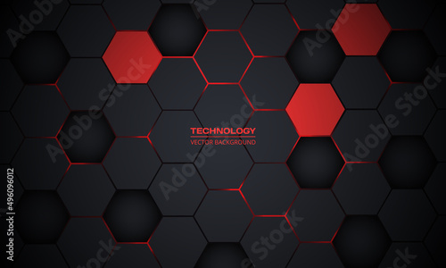 Red and dark gray hexagonal technology abstract vector background. Red bright energy flashes under hexagon in futuristic modern technology background vector illustration. Black honeycomb texture grid.