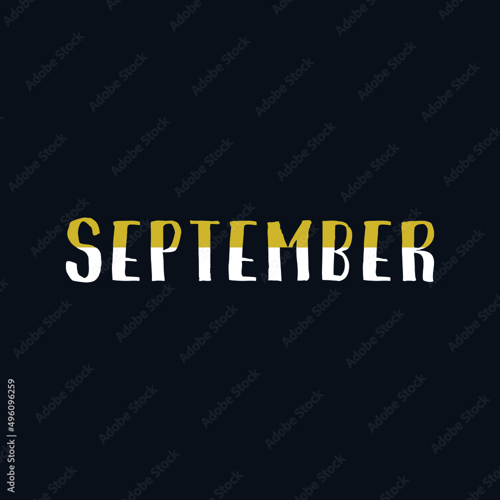 September month name. Vector illustration for poster, card, calendar, monthly logo, bullet journal, monthly organizer. Concept September advertising