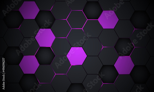 Dark gray and violet hexagonal technology abstract vector background with purple colored bright flashes under hexagon. Hexagonal gaming vector abstract background. Colorful honeycomb texture grid.