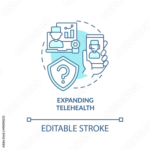 Expanding telehealth turquoise concept icon. Healthcare system challenge abstract idea thin line illustration. Isolated outline drawing. Editable stroke. Arial, Myriad Pro-Bold fonts used