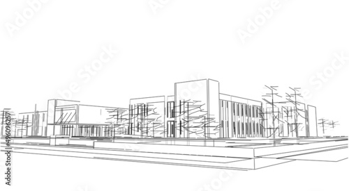 Abstract 3d illustration of a small building with two levels. Corner perspective with abstract trees and hidden linestyle. Black and white image.
