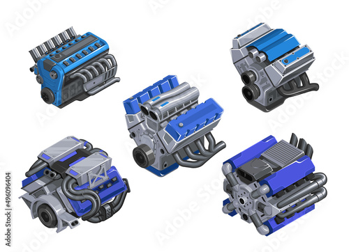 Car engine in isometry. Set of engines of different levels on white background. Detailed 3d engine in cartoon style. Tuned engine. EPS 10 vector illustration