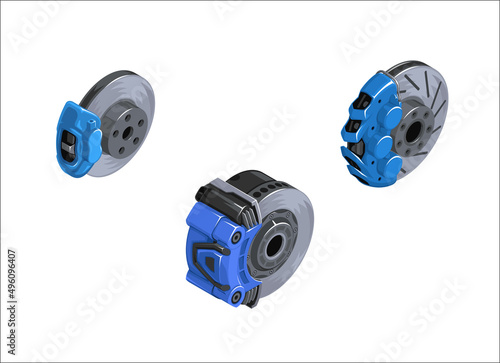 Clipart of brake disks. Set of brakes in isometrics. Game style of different brakes. Detail of the wheel hub. Sports brakes of different colors. Brake discs. Vector illustration EPS 10