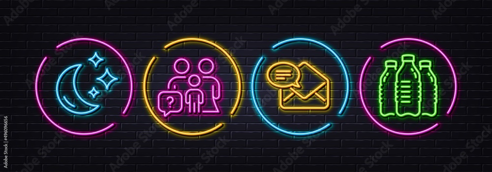 New mail, Moon and Family questions minimal line icons. Neon laser 3d lights. Water bottles icons. For web, application, printing. Received e-mail, Night dream, Family help. Aqua drinks. Vector New mail, Moon and Family questions minimal line icons. Neon laser 3d lights. Water bottles icons. For web, application, printing. Received e-mail, Night dream, Family help. Aqua drinks. Vector