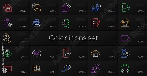 Set of Change card, Freezing timer and Currency exchange line icons. Include Get box, Web photo, Text message icons. Cloud server, Refrigerator timer, Messenger web elements. Vector